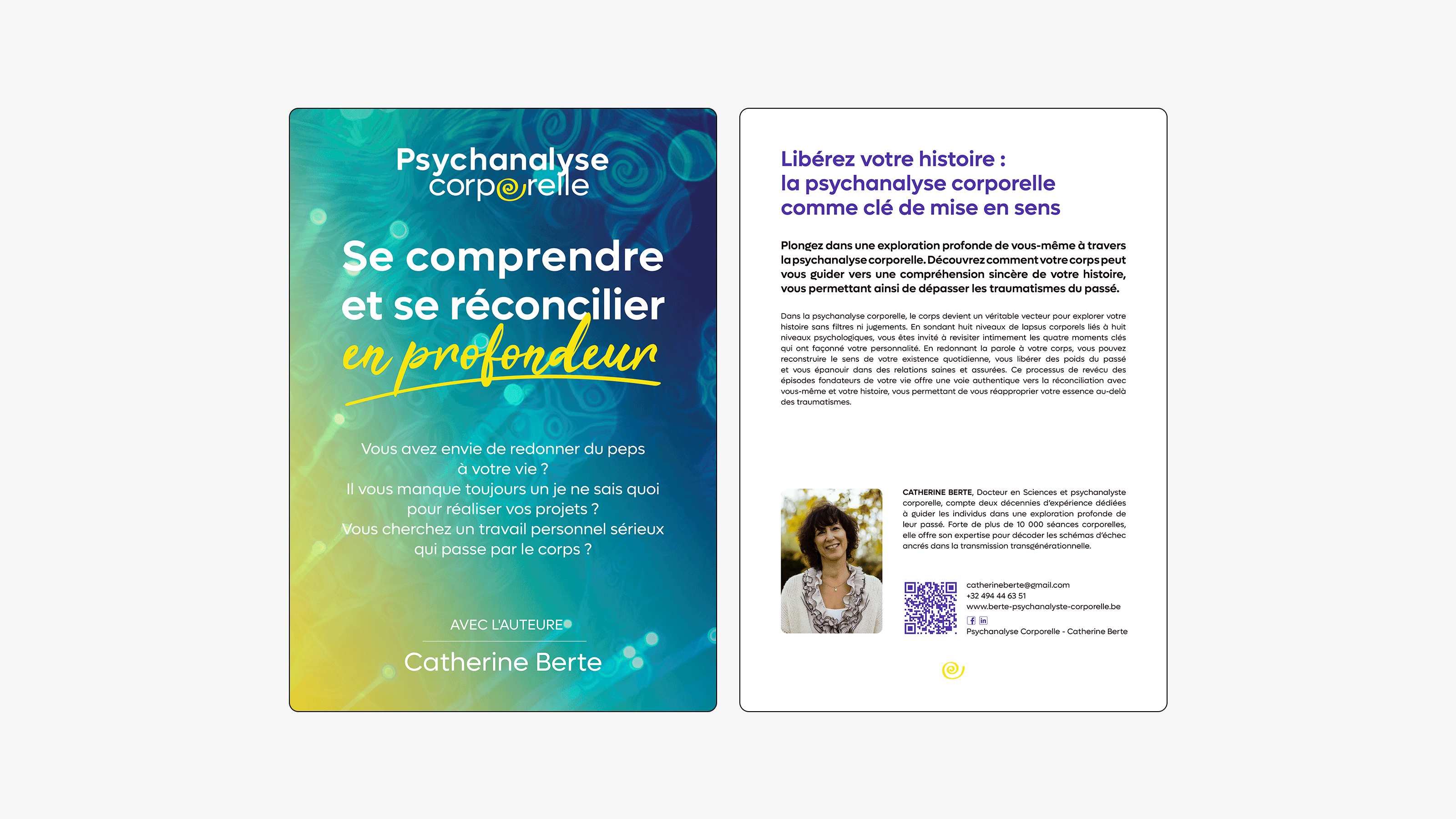 GIF animé présentant un PDF interactif sur la psychanalyse corporelle et l’inscription aux ateliers de Rooting Corporel. 
