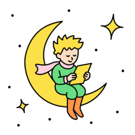 Petit Prince assis sur un croissant de lune lisant une lettre (le manifesto), avec étoiles, style illustration. 